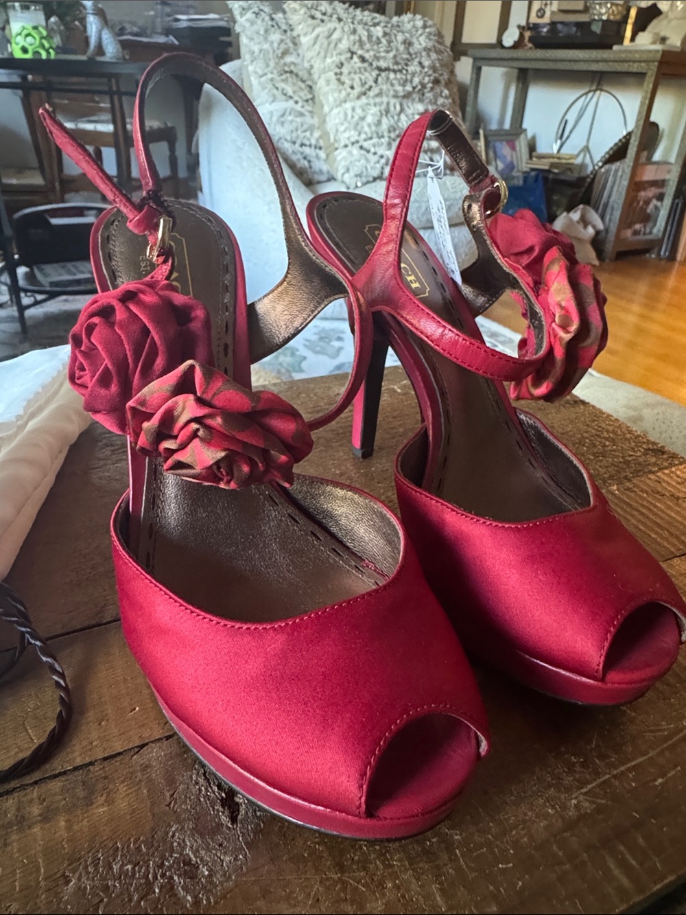 Coach Red Satin Peep-Toe Slingback Heels with Rosette Strap